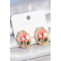 Pirinç Gold Renk Pembe Mineli İncili Çiçek İşlemli Portre Model Kadın Küpe