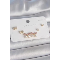 Pirinç Gold Renk Pembe Zirkon Taşlı Fiyonk Model İnci Detay 925 Ayar Gümüş Çivi Kadın Küpe Seti