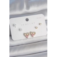 Pirinç Gold Renk Pembe Zirkon Taşlı Kalp Model İnci Detay 925 Ayar Kadın Küpe Seti