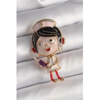 Pirinç Gold Renk Renkli Hemşire Model Kadın Broş