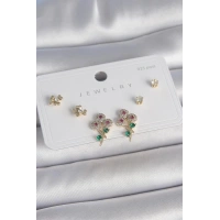 Pirinç Gold Renk Renkli Zirkon Taşlı Çiçek Model Yaprak Detay 925 Ayar Gümüş Çivi Kadın Küpe Seti