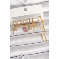 Pirinç Gold Renk Sallantı Kurdele Model Pembe Kare Zirkon Taşlı Kadın Küpe Seti