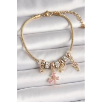 Pirinç Gold Renk Sallantı Pembe Zirkon Taşlı Kelebek Figür Çiçek Detay Charm Kadın Bileklik