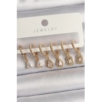 Pirinç Gold Renk Sallantı Zirkon Taşı Damla Model Kadın Küpe Seti