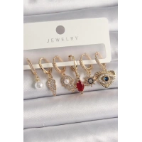 Pirinç Gold Renk Sallantı Zirkon Taşlı Fatma Ana El Figür Kadın Küpe Seti