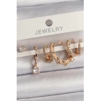 Pirinç Gold Renk Sallantı Zirkon Taşlı Halka Model Damla Zirkon Taş Detay Çoklu Kadın Küpe Seti