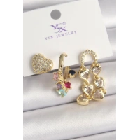 Pirinç Gold Renk Sallantı Zirkon Taşlı Kalp Model 3Lü Kadın Kombin Küpe