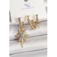 Pirinç Gold Renk Sallantı Zirkon Taşlı Kutup Yıldız Model 3Lü Kadın Kombin Küpe