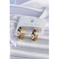 Pirinç Gold Renk Siyah Çiçek İşleme Kadın Küpe