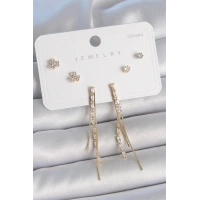 Pirinç Gold Renk Su Yolu Zirkon Taşlı Sallantı Model Çiçek Detay 925 Ayar Gümüş Çivi Kadın Küpe Seti