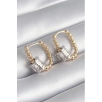 Pirinç Gold Renk Top Model Gümüş Renk Zirkon Taşlı Kadın Küpe