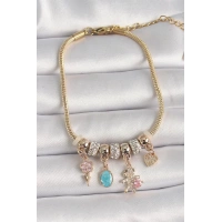 Pirinç Gold Renk Zincir Sallantı Zirkon Taşlı Ayıcık Figür Çiçek Detay Kadın Bileklik