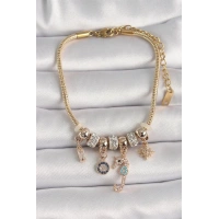 Pirinç Gold Renk Zincir Sallantı Zirkon Taşlı Deniz Atı Figür Nazar Boncuk Detay Kadın Bileklik