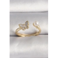 Pirinç Gold Renk Zirkon Taş Detaylı Beyaz Mineli Kelebek Model İnci Detay Ayarlanabilir Yüzük