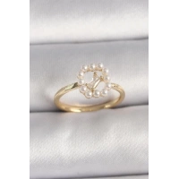 Pirinç Gold Renk Zirkon Taş Detaylı İncili Ayarlanabilir Yüzük