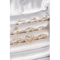 Pirinç Gold Renk Zirkon Taş Detaylı Kalp Yıldız Figür Kadın Yüzük Kombini