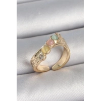 Pirinç Gold Renk Zirkon Taş Detaylı Karışık Mineli Ayarlanabilir Kadın Yüzük