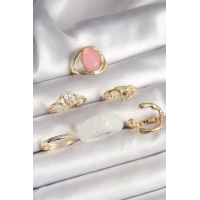 Pirinç Gold Renk Zirkon Taş Detaylı Pembe Mineli 6Lı Kadın Yüzük Seti