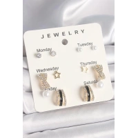 Pirinç Gold Renk Zirkon Taş Yıldız Detaylı İncili 7Li Set Kadın Küpe Seti