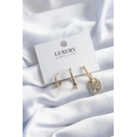 Pirinç Gold Renk Zirkon Taşlı 3lü Kadın Küpe Seti