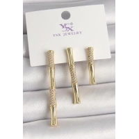 Pirinç Gold Renk Zirkon Taşlı Bambu Model 3Lü Kadın Kombin Küpe