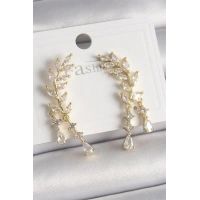 Pirinç Gold Renk Zirkon Taşlı Başak Model Kadın Küpe