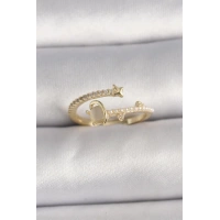 Pirinç Gold Renk Zirkon Taşlı Beyaz Mineli Yıldız Detaylı Ayarlanabilir Kadın Yüzük