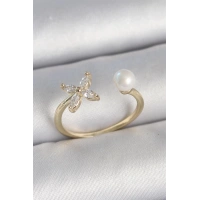 Pirinç Gold Renk Zirkon Taşlı Çiçek Model İnci Detay Ayarlanabilir Kadın Yüzük