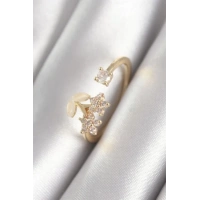 Pirinç Gold Renk Zirkon Taşlı Çiçek Model Kadın Yüzük