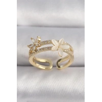Pirinç Gold Renk Zirkon Taşlı Çiçek Model VIP Seri Kadın Yüzük