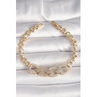 Pirinç Gold Renk Zirkon Taşlı Daire Zincir Model Kadın Bileklik