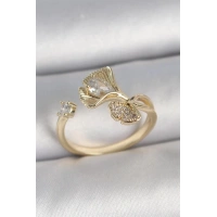 Pirinç Gold Renk Zirkon Taşlı Deniz Kabuğu Model Ayarlanabilir Kadın Yüzük