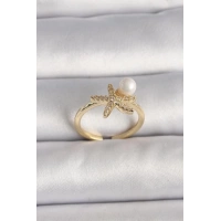 Pirinç Gold Renk Zirkon Taşlı Deniz Yıldızı Model İnci Detay Ayarlababilir Yüzük