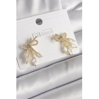 Pirinç Gold Renk Zirkon Taşlı Düğüm Model Damla Zirkon Taşlı Kadın Küpe