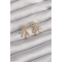 Pirinç Gold Renk Zirkon Taşlı Fiyonk Küpe