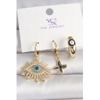 Pirinç Gold Renk Zirkon Taşlı Göz Figür Nazar Boncuk Detay 3Lü Kadın Kombin Küpe