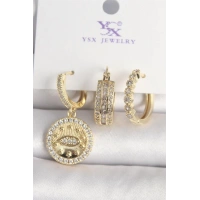 Pirinç Gold Renk Zirkon Taşlı Göz İşlemeli Model  3Lü Kadın Kombin Küpe