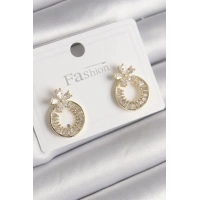 Pirinç Gold Renk Zirkon Taşlı Halka Model Çiçek Figür Kadın Küpe