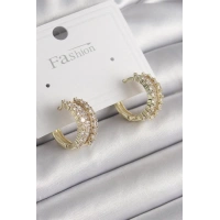Pirinç Gold Renk Zirkon Taşlı Halka Model Kadın Küpe