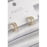 Pirinç Gold Renk Zirkon Taşlı Halka Model Kadın Küpe