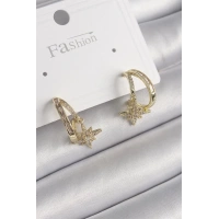 Pirinç Gold Renk Zirkon Taşlı Halka Model Yıldız Detay Kadın Küpe