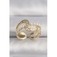 Pirinç Gold Renk Zirkon Taşlı İnci Detay VIP Seri Kadın Yüzük