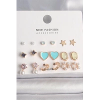 Pirinç Gold Renk Zirkon Taşlı İncili Çiçek Mavi Kalp Figür 9 Çift Kadın Küpe Seti