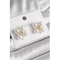 Pirinç Gold Renk Zirkon Taşlı İncili Kadın Küpe