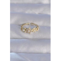 Pirinç Gold Renk Zirkon Taşlı İncili Yıldız Model Ayarlanabilir Yüzük