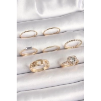 Pirinç Gold Renk Zirkon Taşlı Kalp Figür Düğüm Detay Kadın Yüzük Kombini