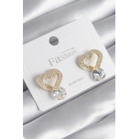 Pirinç Gold Renk Zirkon Taşlı Kalp Model Damla Zirkon Taş Detay Kadın Küpe