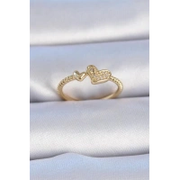 Pirinç Gold Renk Zirkon Taşlı Kalp Model Kadın Yüzük