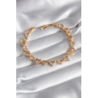 Pirinç Gold Renk Zirkon Taşlı Kalp Model VIP Seri Kadın Bileklik