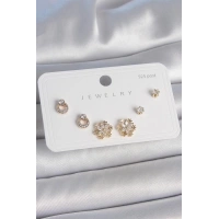 Pirinç Gold Renk Zirkon Taşlı Kar Tanesi Model 925 Ayar Gümüş Çivi Kadın Küpe Seti